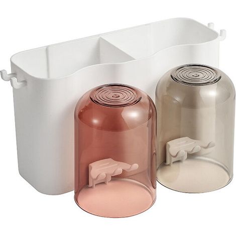 Porte Brosse à Dents Mural, 2 Tasses 4 Fentes pour Brosse à Dents Anti poussière 2 espaces de Rangement pour cosmétiques, Convient à la Salle de Bain,Gris, rose (1/5)