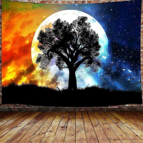 Tapisserie psychédélique Lune, Arbre noir, Tapisserie étoilée galaxie colorée à accrocher dans la chambre (1/5)