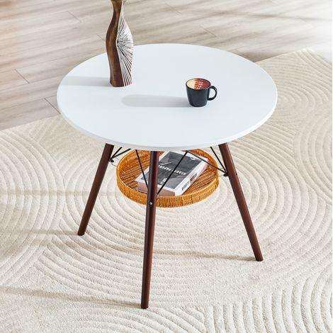 Tavolo da pranzo rotondo con cestino portaoggetti sospeso, per 2 a 4 persone, in legno massello e MDF, noce e bianco (1/5)