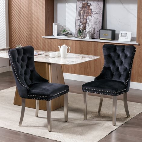 Silla de comedor moderna de terciopelo negro con respaldo alto y estructura de madera maciza,65×50×95cm (1/5)