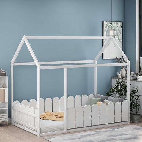 Cama infantil de madera maciza de 80 x 160 cm - Cama con forma de casita de madera maciza - Para niños - Cama con forma de casita de madera - Blanca (1/5)