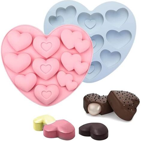 2 Pièces Moule en Silicone Cœur 3D, 3 Formes et 9 Trous, pour Chocolat, Gâteaux, Gelée, Savon (Rose, Bleu) (1/5)