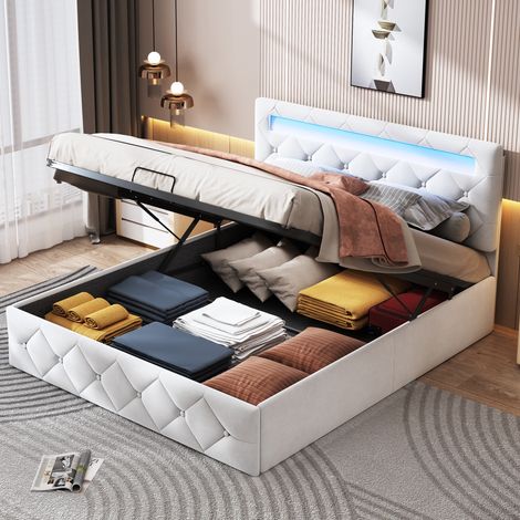 Polsterbett mit Stauraum 140x200cm, mit LED-Kopfteil, Lattenrost, hydraulischem Bett, Lattenrost, Metallgestell, Doppelbett im skandinavischen Stil, Beige (1/5)