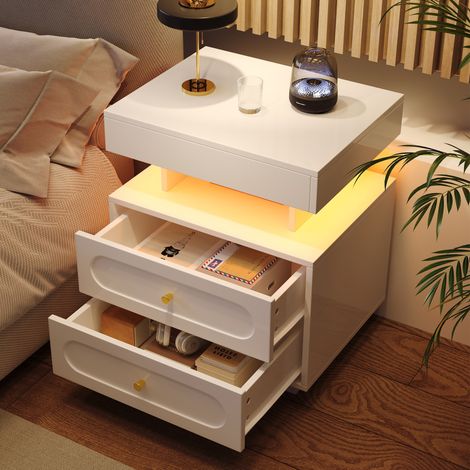 Table de chevet LED blanche avec 2 tiroirs et espace ouvert, 100 x 40 x 60 cm, REDOM (1/5)