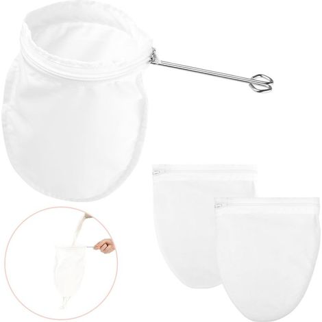 Set mit 3 wiederverwendbaren Feinmaschen-Filterbeuteln mit Edelstahlgriffen zum Filtern von Nüssen, Milch, Kaffee, Thai-Tee, Fruchtsäften, Honig, Wein und Öl (1/5)