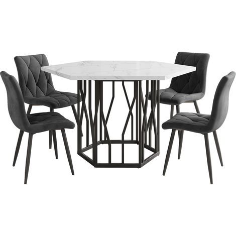 Ensemble table et chaises de salle à manger (5 pièces), table à manger hexagonale moderne en marbre + 4 chaises de salle à manger en velours gris, pour créer une salle à manger chaleureuse et moderne (1/5)