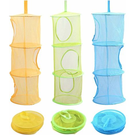 royaluxe - Lot de 3 Corbeille de rangement en maille, 3 niveaux pliable réseau l'espace de stockage économie SACS DE RANGEMENT pour petit colethes Noël Cadeau - (Bleu, Vert, Jaune) (1/5)