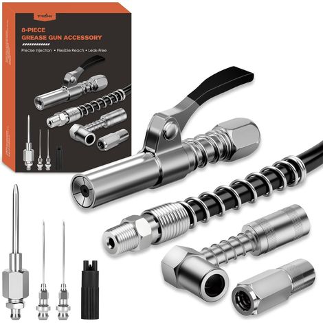 Kit Embout Pompe à Graisse – Set 8PCS Accessoires avec Coupleur Rapide, Adaptateur 90°, Flexible 30 cm, Coupleur Pompe à Graisse, Buse Fine, 2 Aiguilles Injectrices (1/5)