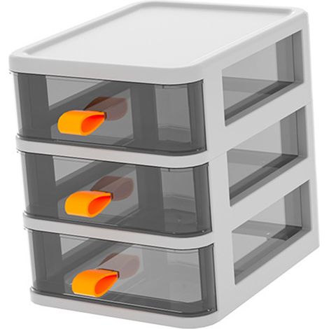 Boîte de rangement de bureau à tiroir, transparente, avec poignée orange, 3 compartiments, blanche, 13,4 x 17 x 17 cm (1/5)