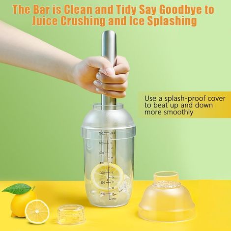 Shaker à cocktail transparent en résine, 1000 ml, avec bol et passoire, étanche, bouteille, gobelet doseur et pilon. (1/4)