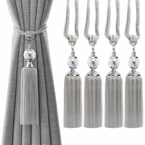 Set of 4 Braided Rope Curtain Tiebacks with Decorative Crystal Ball Drapery (1/5)