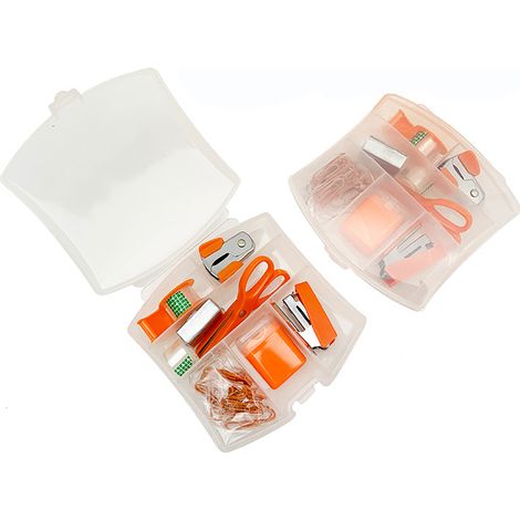 Set de bureau 8-en-1 : perforateur, agrafeuse, distributeur de ruban adhésif, ciseaux et plus, adapté aux étudiants et comme cadeau pour le lieu de travail. Ensemble Orange (1/5)