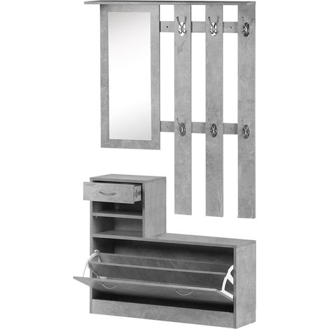 Ensembles 3 en 1 de meuble d'entrée vestiaire avec panneau porte-manteau, miroir et banc à chaussures - 6 crochets et étagère réglable, effet béton gris (1/5)