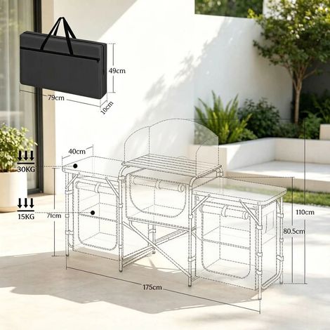 Station de cuisine extérieure pliable, îlot de cuisson stable avec étagères intégrées, meuble de camping compact, unité de rangement pour barbecue (meuble seul) (1/5)