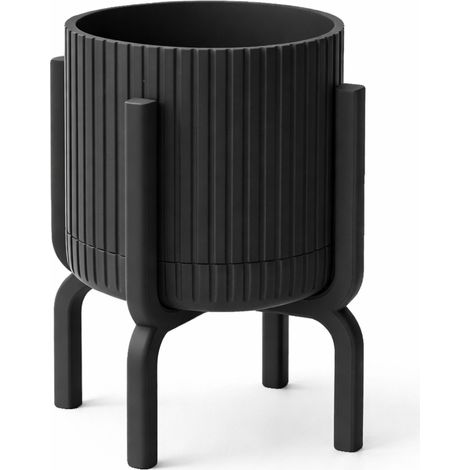 Pot de fleurs noir moderne rainuré avec support pour plante (1/3)