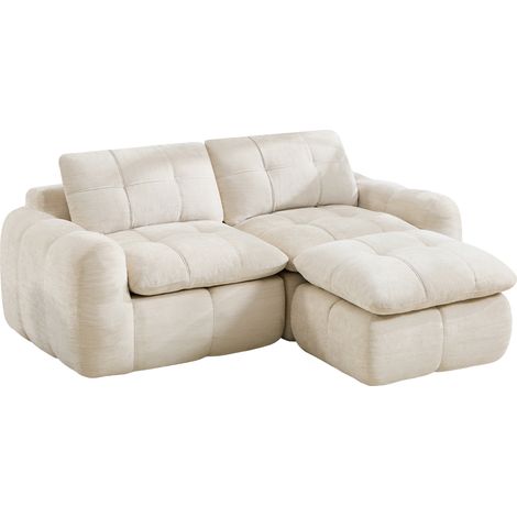 Divano modulare a L 2 posti senza telaio in ciniglia beige con 1 ottomano (1/5)