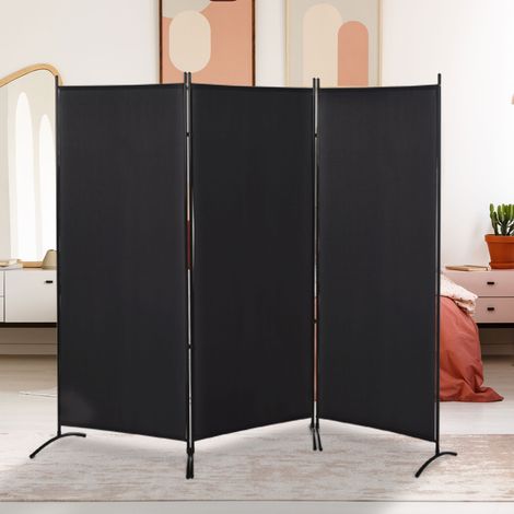 Paravent séparateur d'intérieur 3 panneaux pliables métal et polyester, 253x50x182 cm, noir (1/5)