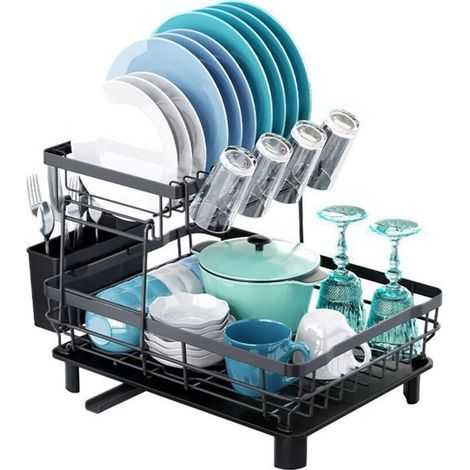 Égouttoir à Vaisselle 2 Niveaux avec Plateau Bec Pivotant 360° Séchage Tasses Ustensiles Organisation Cuisine Compact (1/5)