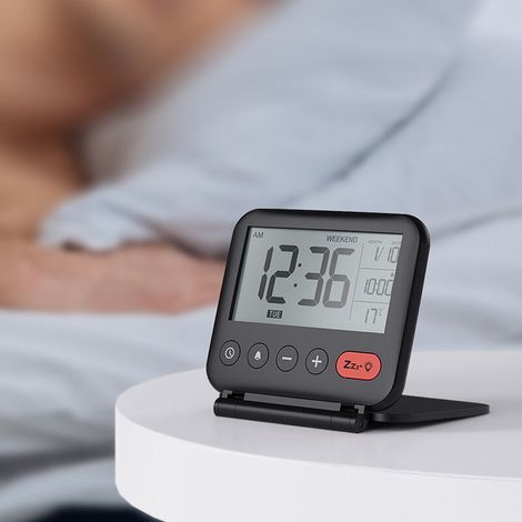 Travel Alarm Clock Mini Portable LCD Digital Clock with Backlit Calendar 12/24H Temperature Makeup Mirror Small Foldable Desk Clock Battery Operated (Black)