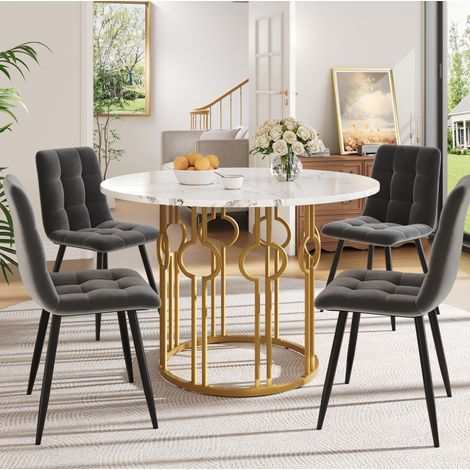 Essgruppe aus MDF mehrfarbig 4-Sitzer, runder Tisch 100 cm mit Samtstühlen und Metallgestell (1/5)