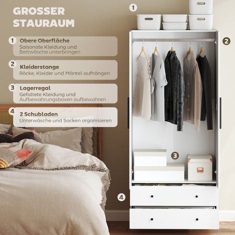 Armoire 2 portes avec penderie, tringle et 2 tiroirs, en MDF blanc