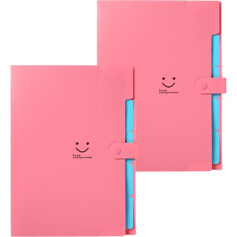 2 chemises à rabats A4, plastique résistant, couleurs vives (jaune/rouge/violet/bleu), fermeture clip, étiquettes adhésives (1/5)
