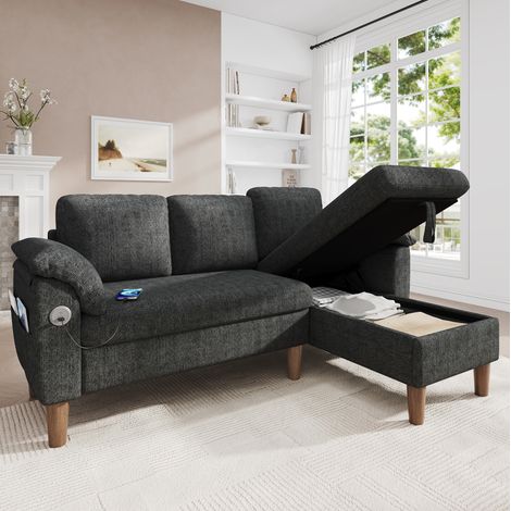 3-Sitzer Ecksofa mit reversibler Recamiere, Stauraum, USB/Type-C, Dunkelgrau (1/5)