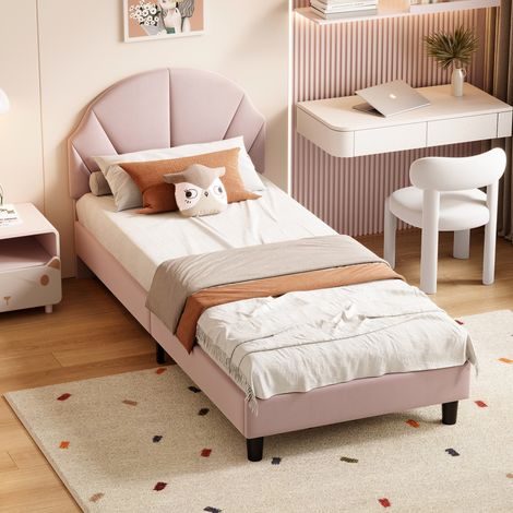 Letto 90x200, Letto bambino 90x200, Letto singolo, Letto Bambino in Tessuto Velluto, Facile da Montare con Testiera Regolabile e Morbidezza Eccezionale, Rosa chiaro