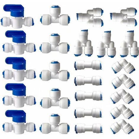 Umkehrosmose-Wasserfilteranschluss, 1/4" (6 mm) Steckanschluss für Wasserfilterschläuche, Kühlschrankanschlüsse (Y + T + I + L Kombinationsventil + Absperrventil) 25 Stück