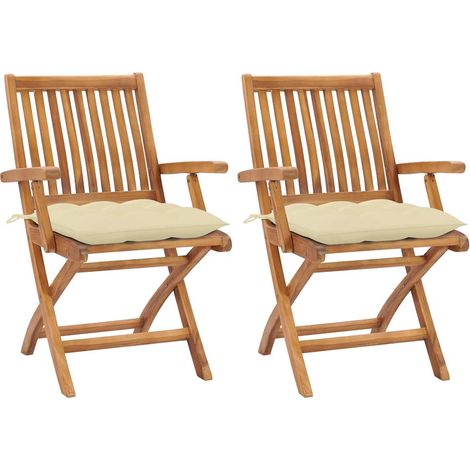 vidaXL Sillas plegables (2 unidades) con cojines color blanco crema, de madera maciza de teca. (1/5)