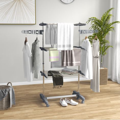 Etendoir mobile en acier gris, pliable, avec 6 roulettes universelles et barre laterale reglable en hauteur, 142 x 55 x 152 cm (1/5)