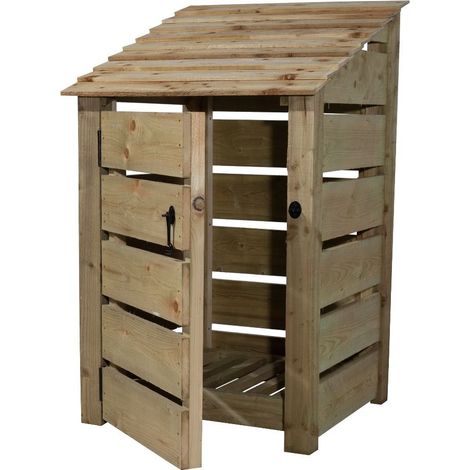Wooden log store, Slatted timber storage with door (W-79cm, H-126cm, D-88cm) natural finish