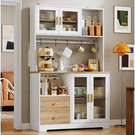 Credenza cucina 110x40x178 cm, con vetrina e presa USB, LED RGB, ripiani regolabili, MDF bianco e naturale (1/5)