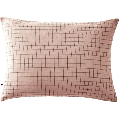 Taie d'oreiller à carreaux double gaze de coton rose 50x70 (1/2)