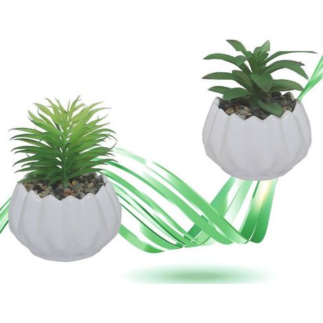 TrAdE Shop Traesio - Vaso In Ceramica Con Piantina Artificiale Pianta Idea Regalo Bomboniera 14x19 Cm - (1/2)