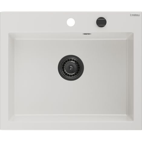 Mexen Elix évier en granit 1-bac 600 x 500 mm, blanc, siphon noir - 6525601005-20-B (1/5)