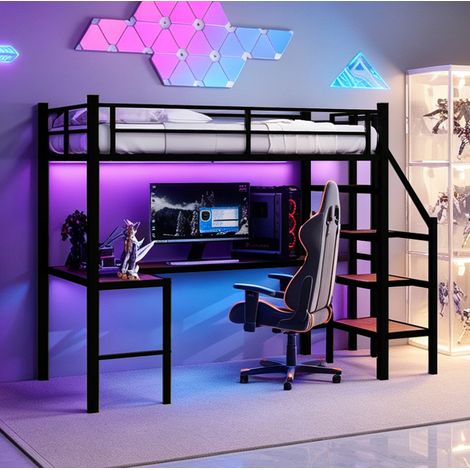 Cama alta con escritorio en L de hierro negro OKMYHOME (1/5)