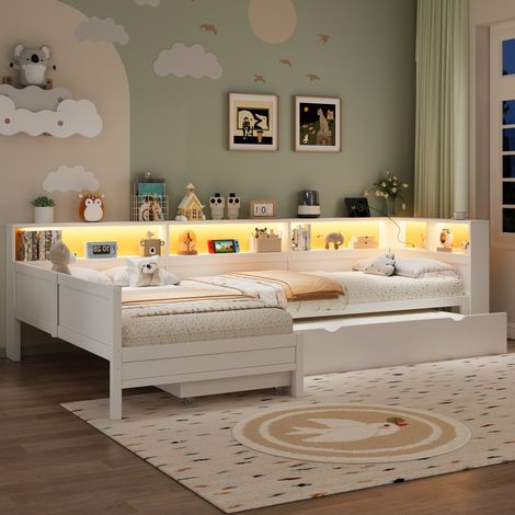 Lit plateforme en bois en L, lit enfant 90x200 cm, lit gigogne avec tiroir, blanc (1/5)