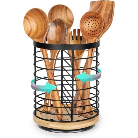 Porte-ustensiles de cuisine, rotatif, en acier inoxydable + base en bois, respirant et facile à sécher, grand porte-ustensiles pour la cuisine, noir (1/5)