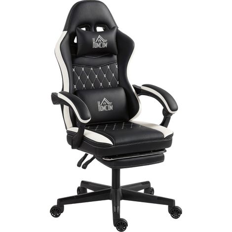 Silla gaming con reposapiés, reposacabezas y cojín, polipiel, negra y blanca (1/5)