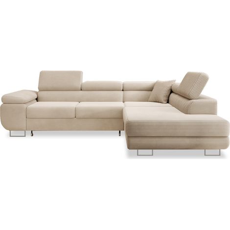 Canapé d'angle droit convertible Marius velours côtelé Beige