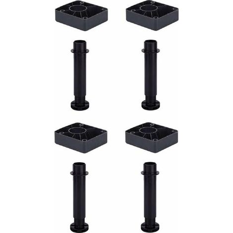 4x Pied de meuble complet 190 mm réglable ± 96mm avec base en plastique noir rond Vérin Plinthe Cuisine Salle de bain Base Socle Support (1/3)
