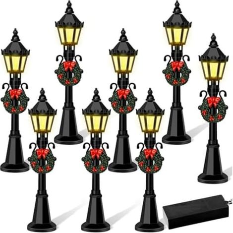 Ensemble de 8 lanternes de rue de Noël pour maison de poupée avec couronne artificielle et modèles miniatures de lanternes de rue (1/5)