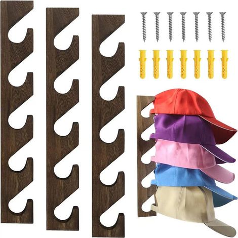 Lntyq Lot de 3 porte-chapeaux pour casquettes de baseball, organiseur mural en bois pour casquettes de baseball, support mural vertical pour placard, porte, chambre, salon, entrée, buanderie (bois mar