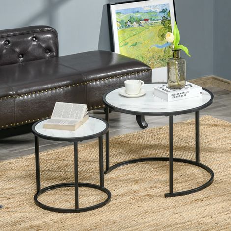 Set di 2 tavolini rotondi impilabili con piano effetto marmo, Ø60x46 cm e Ø40x40 cm, colore bianco. (1/5)