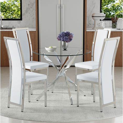 Set tavolo da pranzo con 4 sedie 88x88x75 cm, vetro temperato, sedute ergonomiche, metallo, PU bianco e argento (1/5)