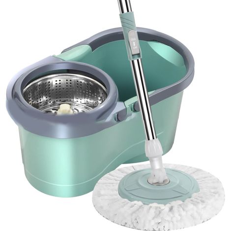Balai Rotatif avec Seau et Centrifugeur, Kit pour Nettoyage Humide/Sec, Fibre et PP, 90-120cm, Vert, pour Sols Maison/Bureau