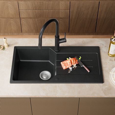 Lavello in granito 86 x 45 cm Anycee Max, lavello da cucina in granito, con gocciolatoio e bassa rumorosità, antracite