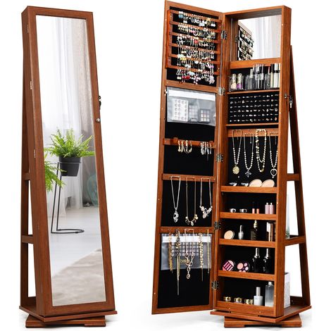 Armadio portagioielli girevole a 360° con specchio, Organizer gioielli 2 in 1 a figura intera, Marrone (1/5)