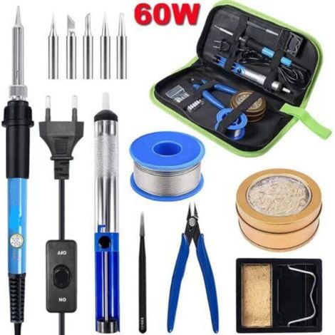 Saldatore, set per saldatura, saldatore a temperatura regolabile con punte per saldatura, ventosa, filo di stagno, pinzette, tronchesi, sfera a spirale in ottone, supporto, borsa